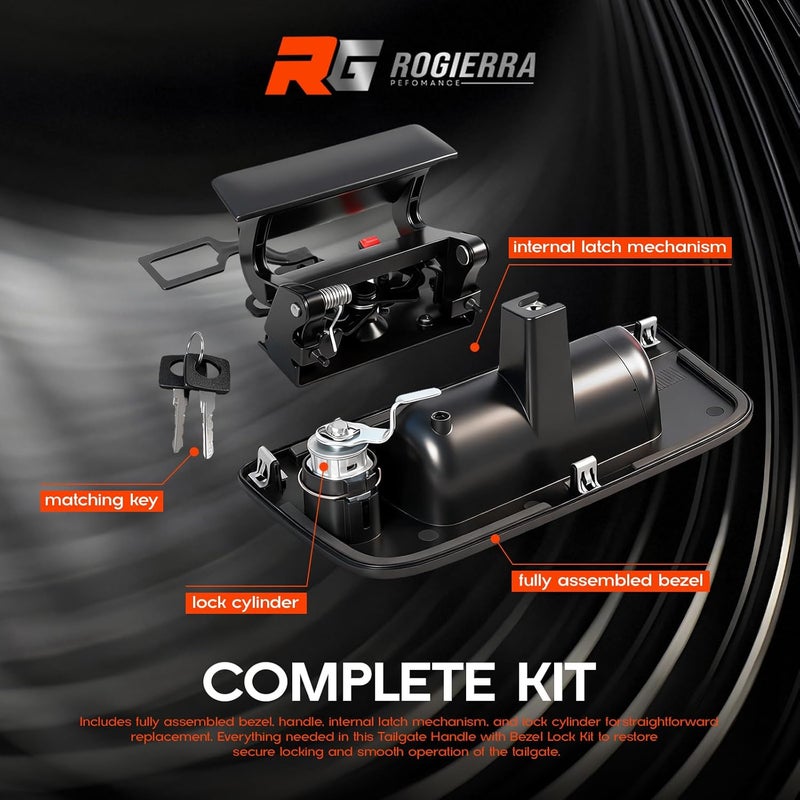 Rogierra Tailgate Handle Latch and Bezel Trim with Lock Cylinder & Rod Clips Compatible with 2007-2014 Chevy Silverado GMC Sierra 1500 2500 3500 HD, Replaces OEM # 22755305 - Image 3